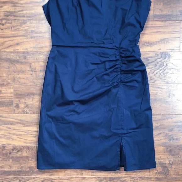 MILLY • Maxwell Ruched Poplin Shirtdress navy cap sleeve sheath dress fitted